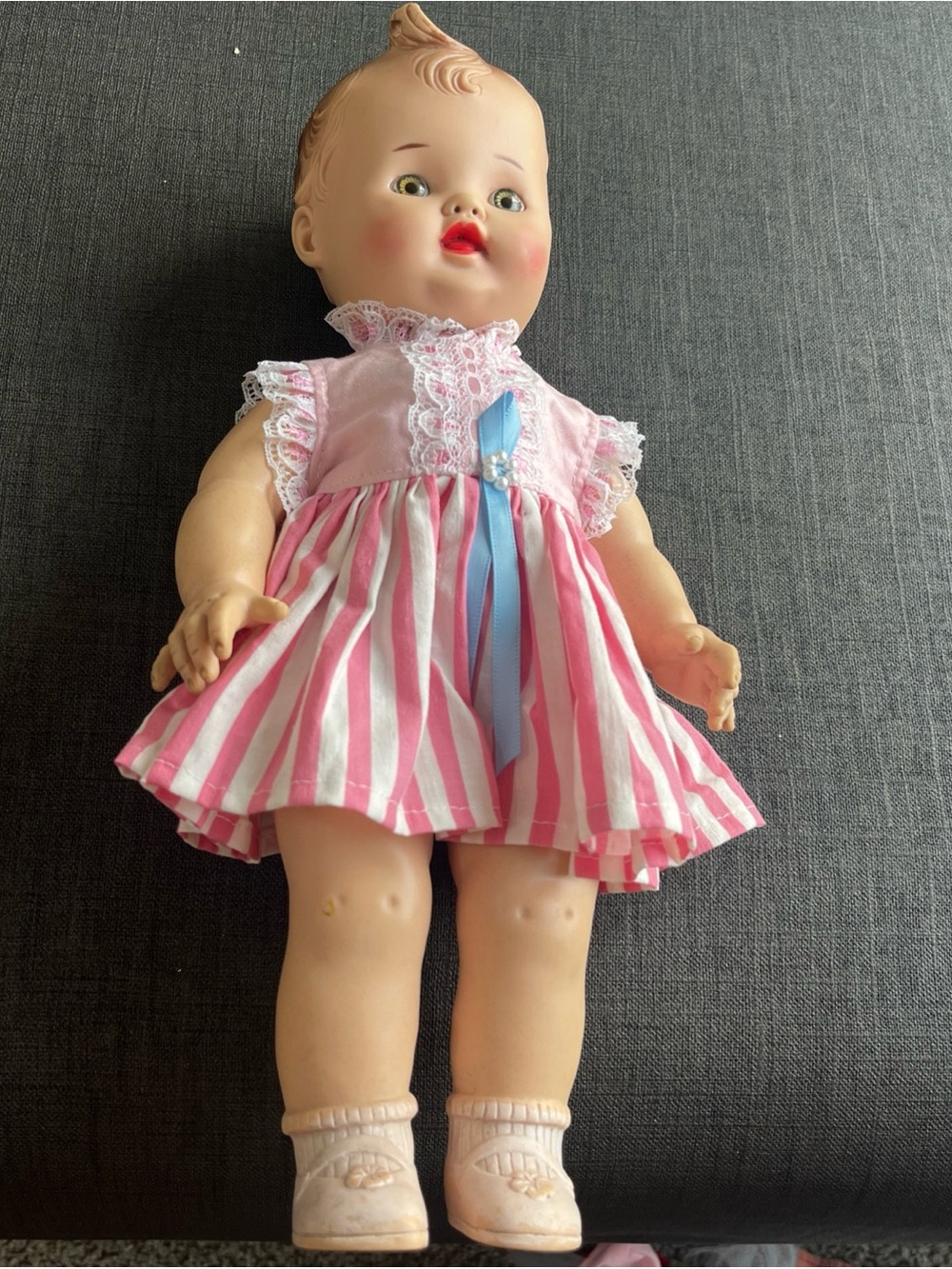 Classic Pink Striped Baby Doll with Blue Bow - Kids Toys Sun rubber co 1950’s